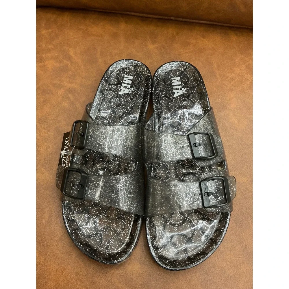 MIA Bashful Smoke Jelly Sandals Girls 10 Grey Glitter New Double Strap Slide